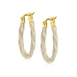 Guili Elegant Twist 14K Gold Plated Sterling Silver Oval Oblong Hoop Earrings with Luminous Cubic Zirconia for a Chic, Timeless Look - 1 of 3