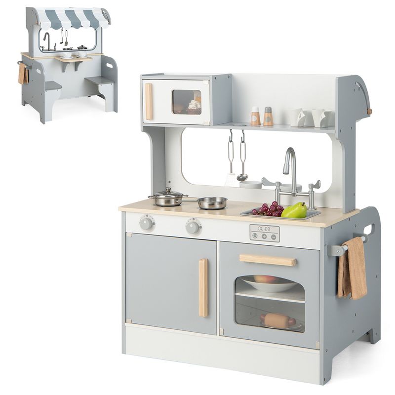 Costway 2 in 1 Kids Play Kitchen& Restaurant Double Sided Wooden Kitchen Playset Toddler, 1 of 14