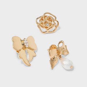 Rose Bow and Pearl Brooch Pin Set 3pc - A New Day™ Pearl/Gold - 1 of 2