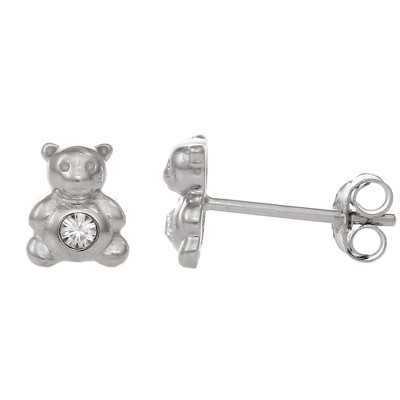 FAO Schwarz Sterling Silver Teddy Bear Stud Earrings with Crystal Stone Accents
