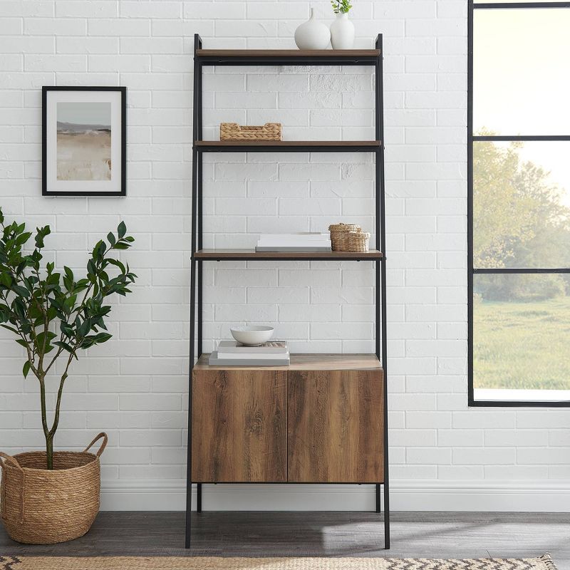 72" Open Shelf and Closed Storage Cabinet Ladder Bookcase - Saracina Home, 5 of 15