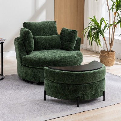 Hrinhom 42"W Chenille Upholstered Swivel Accent Chair with Pillows and Half-Moon Storage Ottoman