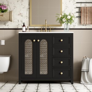 36 Inch Bathroom Storage Cabinet Vanity with Two Soft Closed Doors, Adjustable Shelves, and Three Drawers - 1 of 4