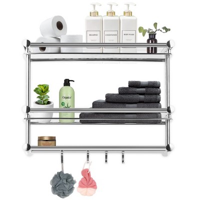 Cheer Collection 2-Tier Stainless Steel Wall Mounted Shower Caddy with Hooks – No Drill Installation