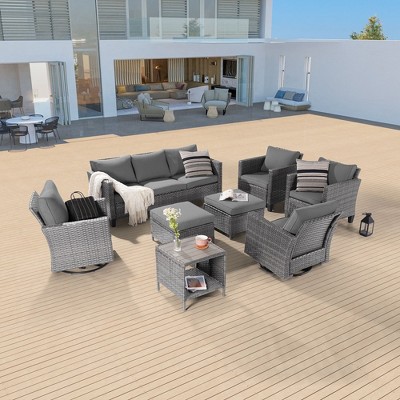 Sonkuki 8-Piece Patio Conversation Set with Swivel Rocking Chair and Side Table, Navy Blue Cushion