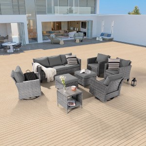 Sonkuki 8-Piece Patio Conversation Set with Swivel Rocking Chair and Side Table, Navy Blue Cushion - 1 of 4