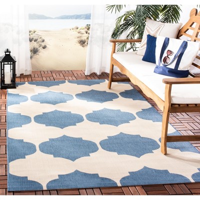 Beige and Blue Flat Woven Synthetic 5'3" x 7'7" Indoor/Outdoor Rug
