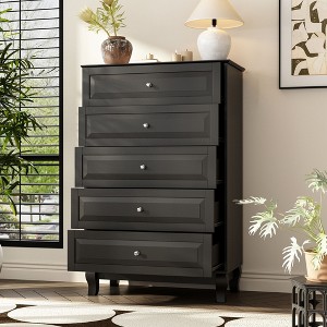 Famapy Black/White 5 - Drawer Vertical Dresser,Drawer Chest with Textured Glossy Finish,Tall Storage Cabinet,Side Tatble for Bedroom/Living Room - 1 of 4