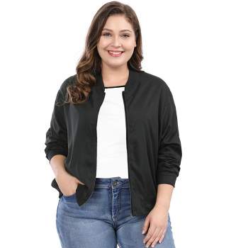 Agnes Orinda Women Plus Size Contrast Trim Zipper Pocket Lightweight Bomber Jacket