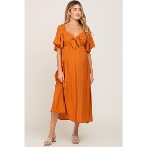 Pinkblush Rust Front Tie Ruffle Sleeve Maternity Midi Dress - 1 of 4