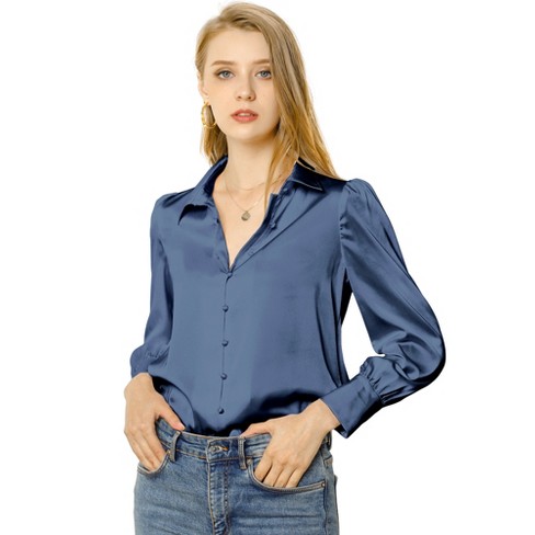 Allegra K Women's Satin Puff Sleeve Point Collar Vintage Button Up ...