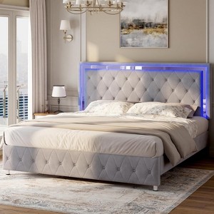 AMERLIFE Twin Platform Bed Frame with LED Headboard & Footboard, Velvet Upholstered, No Box Spring Needed, Light Grey - 1 of 4