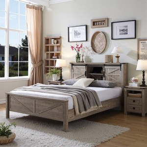 SinCiDo Farmhouse Full Size Bed Frame w/Storage Bookcase Headboard & Charging Station, Wood Platform Bed w/Wood Slat Support - 1 of 4