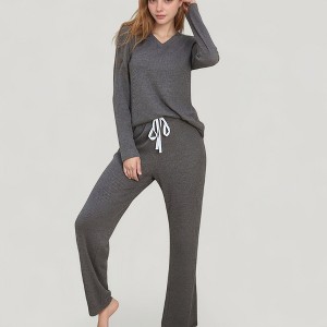Anna-Kaci Lounge Women's V-Neck Long Sleeve Knit Top and Drawstring Waist Lounge Pants Two Piece Set - 1 of 4