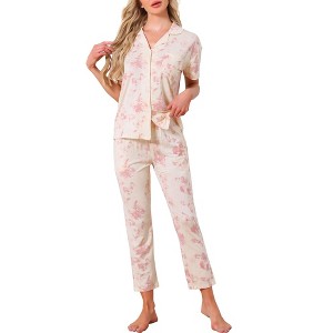 INSPIRE CHIC Women's Longewear Button Up Tencel Floral Ink Wash Pattern Short Sleeve Notched Collar Pants Set with Pockets - 1 of 4