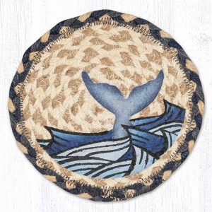 Earth Rugs Round Whale Tail Coaster – 7" Braided Jute Mat with Ocean-Inspired Design in Coastal Blues and Natural Earth Tones - 1 of 3