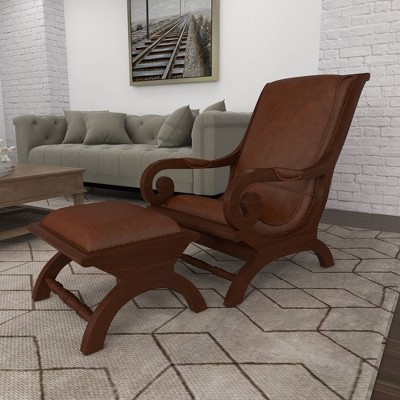 Handcrafted Brown Leather and Teak Wood Accent Chair with Ottoman