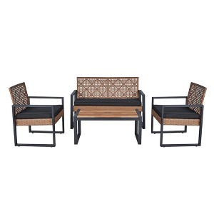 4-Piece Patio Furniture Set Outdoor Balcony Porch Garden Backyard Lawn Furniture Acacia Wood Table Top, Morden Black and Light Brown - 1 of 4