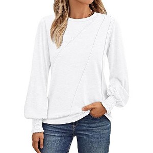 Women's Long - Sleeve Blouse with Pleated Round Neck, Stylish and Comfortable Top for Casual and Office Wear - 1 of 4