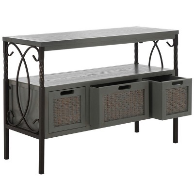 Transitional Gray 3-Drawer Console Table with Wicker Accents