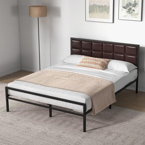 Bed Frame, Faux Leather Platform Bed Frame with Upholstered Square Stitched Headboard, Metal Bed Frame with Steel Slats Support, Box Spring Optional - 1 of 4