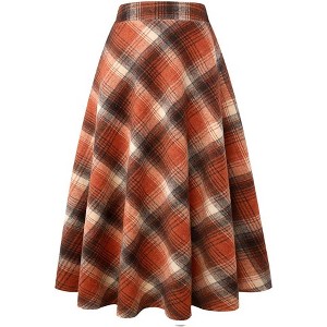 Women's Plaid Wool Skirt - Elastic Waist A-Line Pleated Tartan Long Skirt Long Orange - 1 of 4
