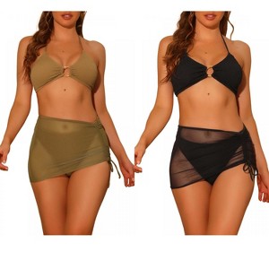 Elerevyo Women's Halter Ring Textured Solid Color Cover Up Mesh Skirt Bikini Bathing Suits 2 Sets - 1 of 4