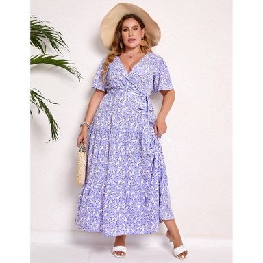 YESFASHION Women Plus Size Maxi Dress V Neck Summer Dress Short Sleeve High  Waist Ruffle Casual Dress with Belt, Purple White Flowers, 2XL : Target