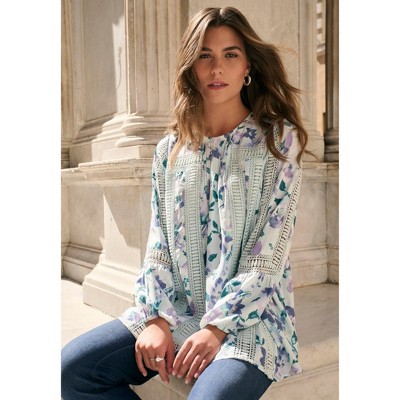 Roaman's Lace-Trim Blouson-Sleeve Top