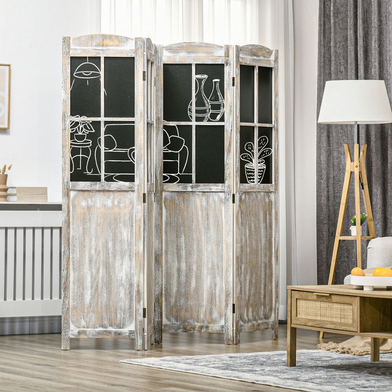 4 Panel Room Divider,5.6" Farmhouse Style Folding Indoor Portable Wood Privacy Screen with Black Boards,Hinged Freestanding Partition Wall Dividers, 2 of 8