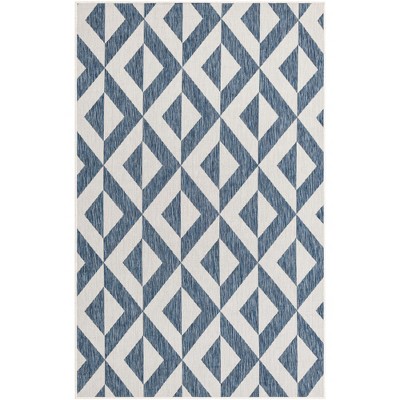 Blue Geometric Synthetic Flat Woven Outdoor Rug, 5' x 7'