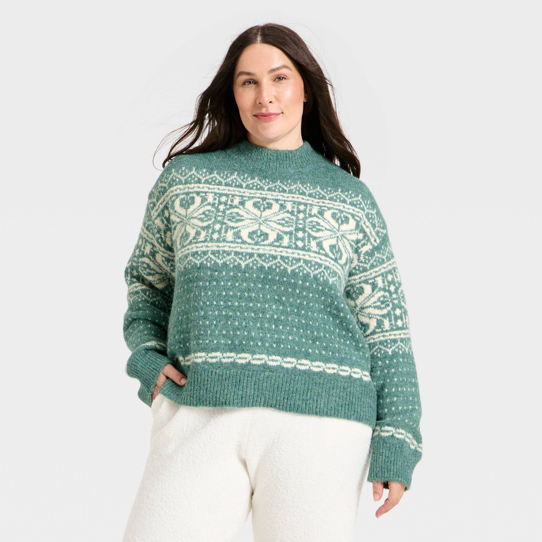 Women's Alpine Crewneck Pullover Sweater - Universal Thread™ Green Snowflakes 2X