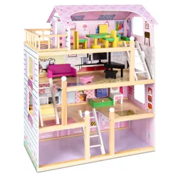 Best Choice Products 4-Level Kids Wooden Cottage Uptown Dollhouse w/ 13 Pieces of Furniture, Play Accessories - 32.25in