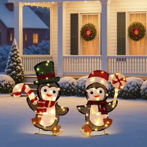 Angel Sar Set of 2 Lighted Penguin Decorations, Pre-lit Christmas Decor with Candy Cane and 80 Warm White LEDs, Outdoor Indoor Holiday Display - 1 of 4