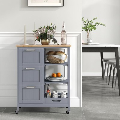 Gray Rubber Wood Kitchen Cart with Storage and Wheels