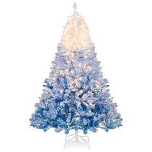 Costway 6 FT Artificial Christmas Tree with 250 Warm White LED Lights, 8 Lighting Modes & Folding Metal Stand White & Blue - 1 of 4