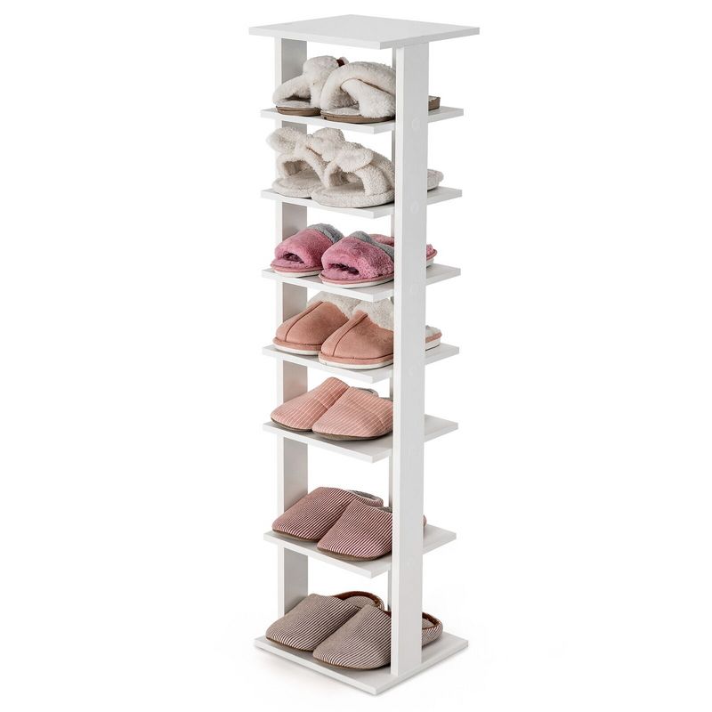Tangkula 7-Tier Wooden Shoe Rack Narrow Vertical Shoe Stand Storage Display Shelf White, 1 of 11