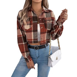 Women's Color Block Plaid Long Sleeve Fall Casual Short Jacket Wool Blend Button Pocket Shirt Top Blazers - 1 of 4