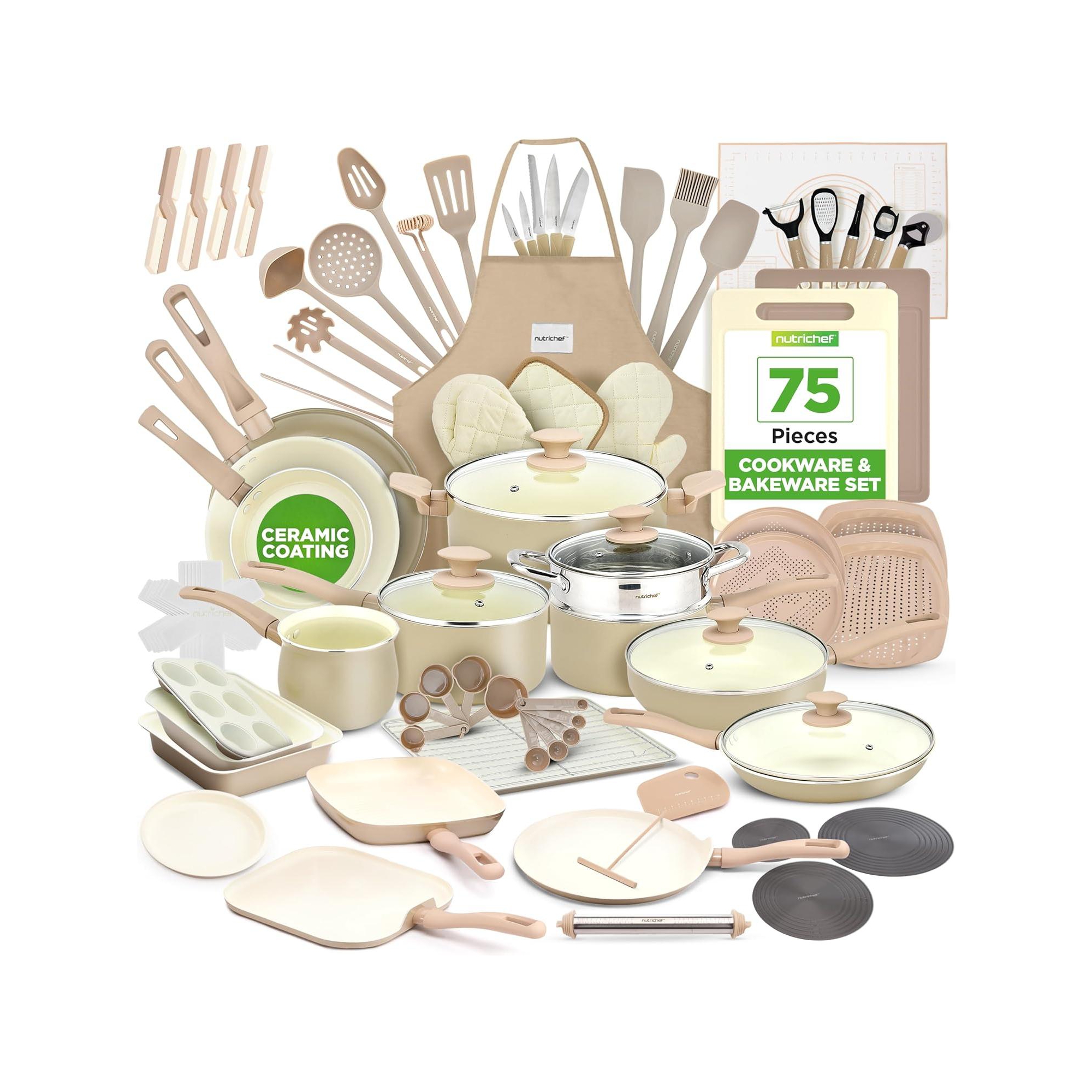 NutriChef 75-Piece Home Kitchen Cookware & Bakeware Set – Ceramic Non-Stick Pots, Pans, Kitchen Tools & Utensils (Cream/Taupe/Brown)