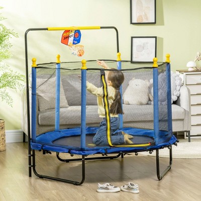 HFYee 4.6FT Trampoline Indoor 55" Toddler Trampoline for Kids 3-10 Years with Net and Basketball Hoop, Horizontal Bar, Indoor Outdoor, Blue