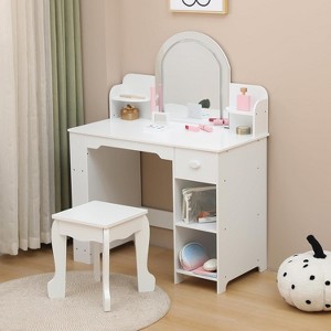Kids Vanity with Mirror, 2 in 1 Little Girls Vanity Table & Stool, Kids Makeup with Bookshelf, Drawer & Open Shelves for 3-9 Years Girls - 1 of 4