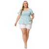 Agnes Orinda Women's Plus Size Floral Square Neck Smocked Bow Tie Short Sleeve Peplum Blouses - 3 of 4