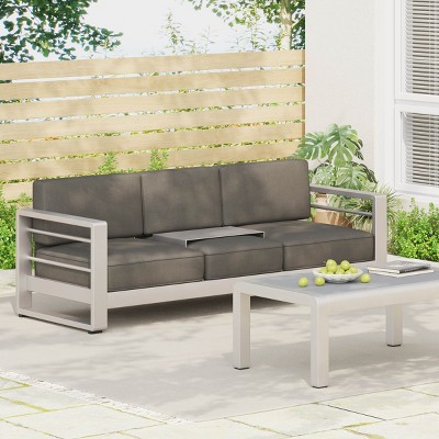 3-Seater Modern Aluminum Outdoor Patio Sofa with Convertible Tray and Khaki Cushions for Backyard-The Pop Home
