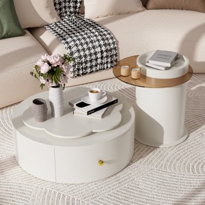 FONTOI Cute 23.6" Round Coffee Table with 15.7" Side Table with Rotatable Flower-Shaped Top, Drawers, Glass Top Circle End Table for Living Room - 1 of 4