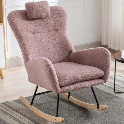 Aukfa Soft Teddy Fabric Rocking Chair w/Pocket - Ergonomic Nursery Glider, Solid Wood Base, 259LB Capacity for Living Room & Bedroom