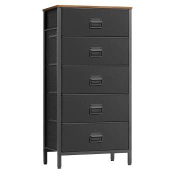 SONGMICS Dresser for Bedroom, Storage Organizer Unit with 5 Fabric, Chest, Steel Frame, Rustic Brown and Black