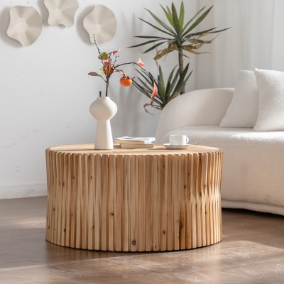 NicBex Retro Style Cylindrical Coffee Table with Vertical Texture Relief Design,Wooden Side Tables,Center Table for Living Room