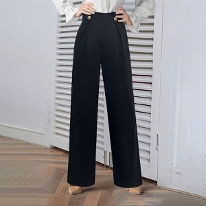 Women's High Waisted Dressy Pants Stretch Buttons Wide Leg Straight Casual Trouser - 1 of 4