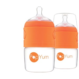 PopYum 5oz Anti-Colic Baby Bottle for Breast and Formula Feeding, 2-Pack, Orange, #1 Slow Flow Nipples - 1 of 4