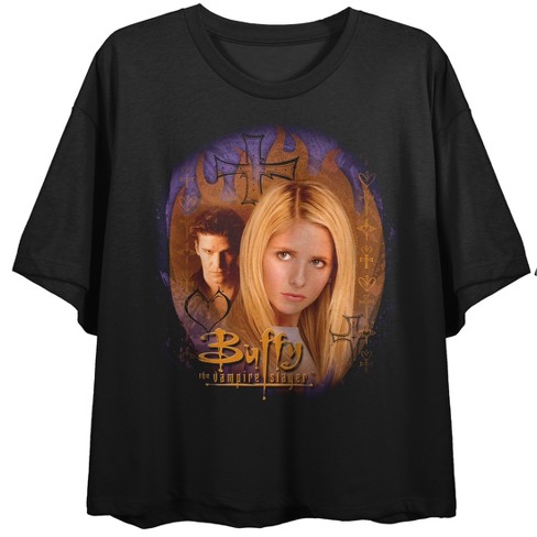 Buffy The Vampire Slayer Angel & Buffy Key Art Crew Neck Short Sleeve  Women's Black Crop T-shirt-XL